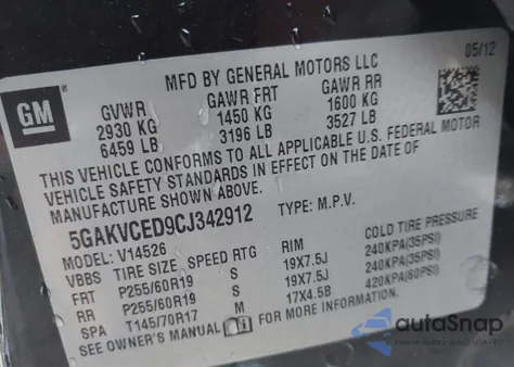 2012 Buick Enclave Leather from USA, damaged, VIN 5GAKVCED9CJ342912